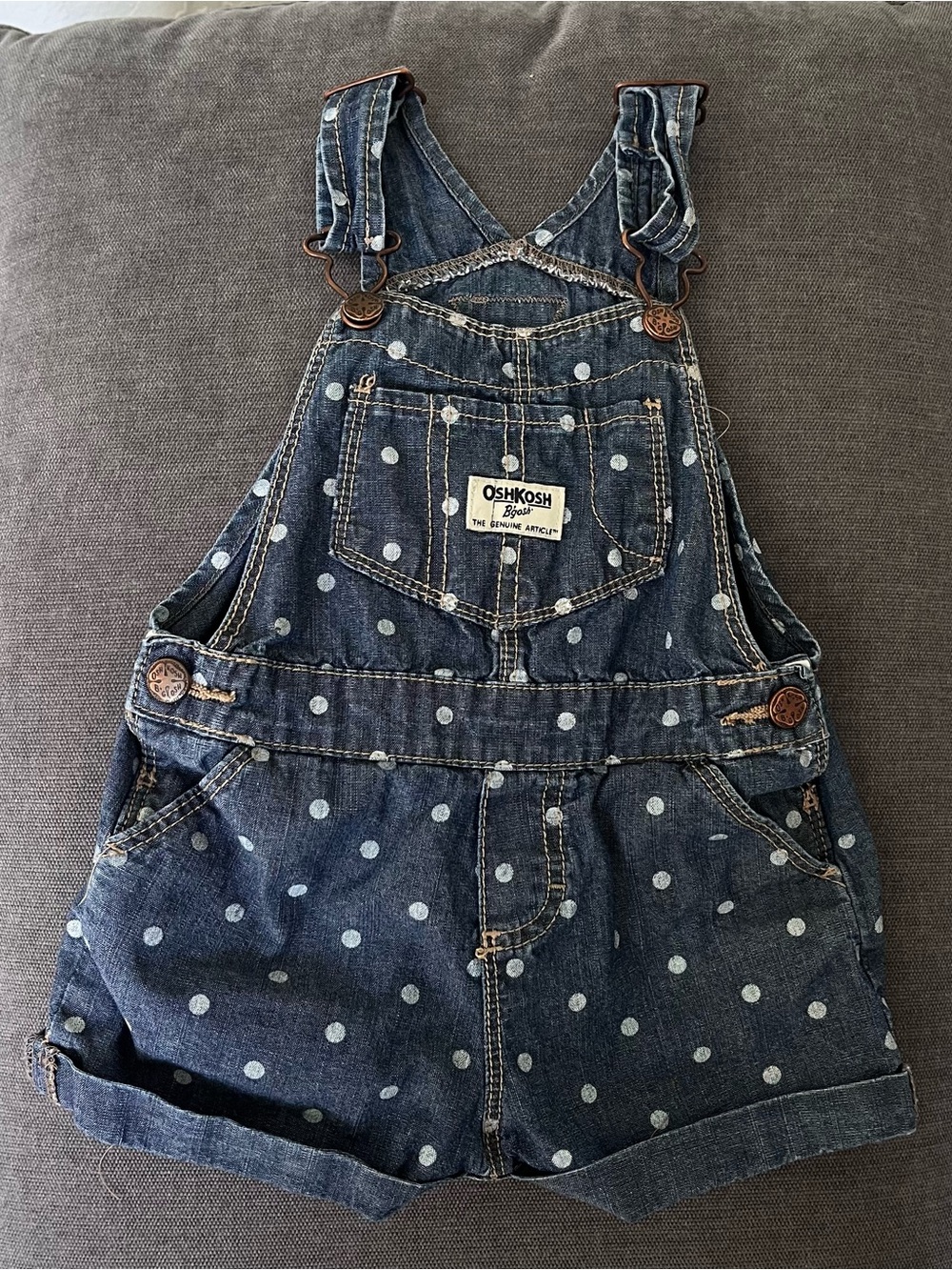 OshKosh B'gosh Navy Denim Polka Dot Short Overalls
